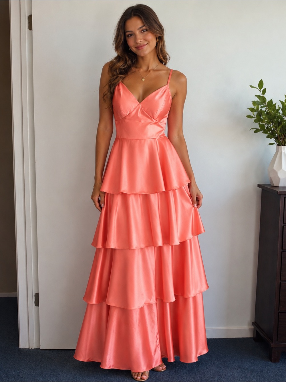 Satin Coral Evening Gown